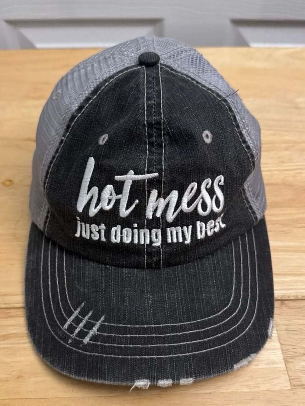 Katydid Hot Mess Just Doing My Best Distressed Trucker Hat Gray